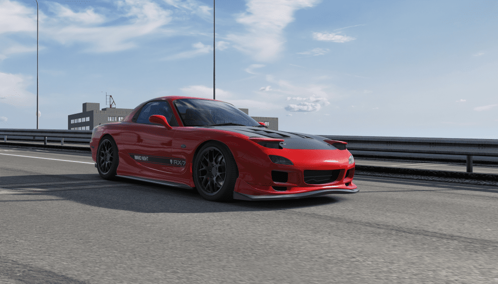 A Mazda RX-7 on Shutoku Revival Project with the Pure graphical mod in Assetto Corsa